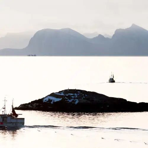 SE NORD-NORGE FRA SJØSIDEN Få ting er like flott som å se nordnorske fjellrekker reise seg opp av sjøen. Derfor bør du komme deg ut på fjorden for å oppleve fiske på den tiden av året hvor sjansen for å få storfangst er størst. – Norwegian Adventure Company